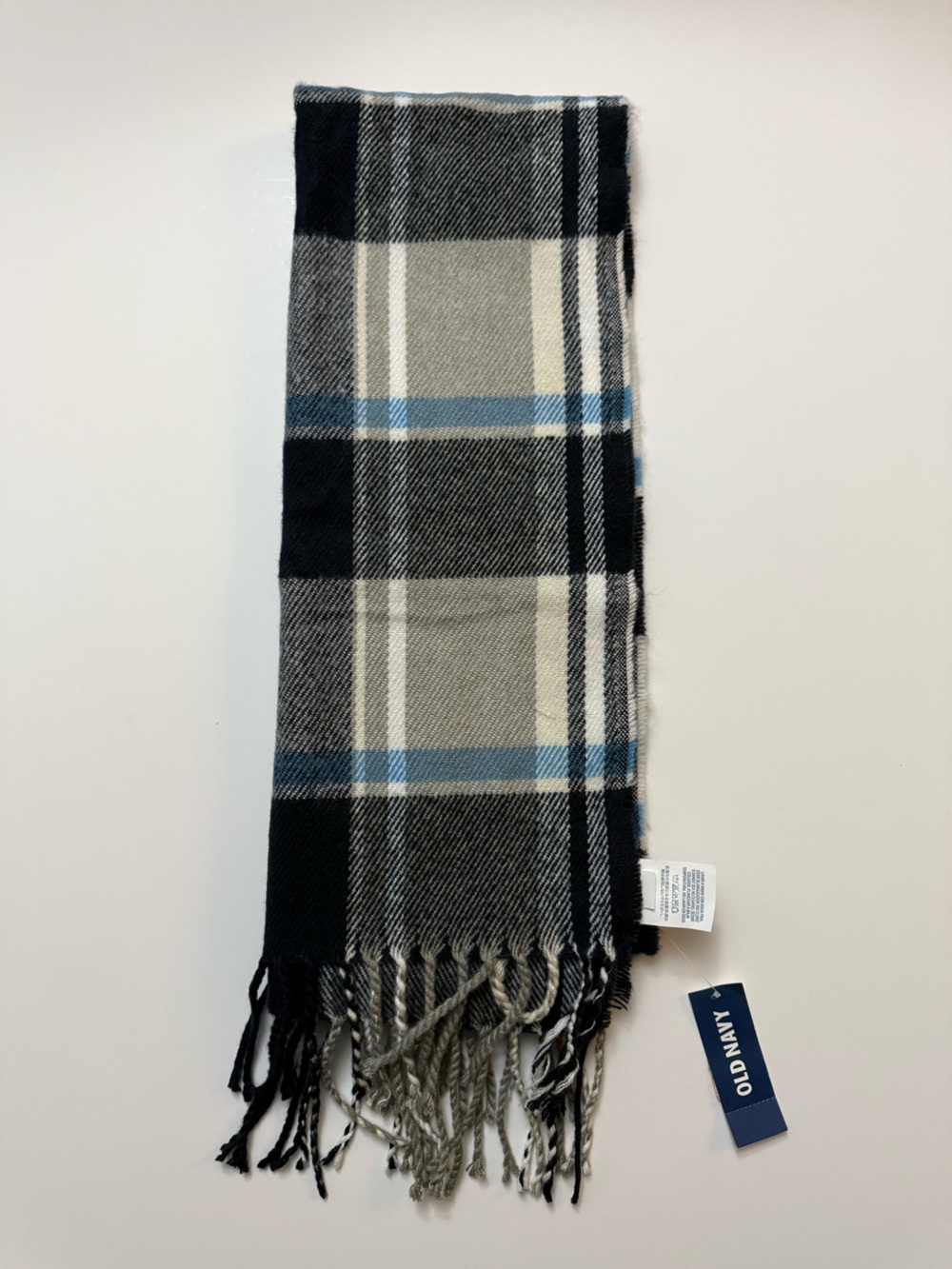 Old Navy Black Gray Blue Plaid Fringe Scarf